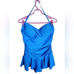 Shore Shapes Swimwear Sz. 14 Royal Blue Ruffle Halter Stretch Swim Dress Lined